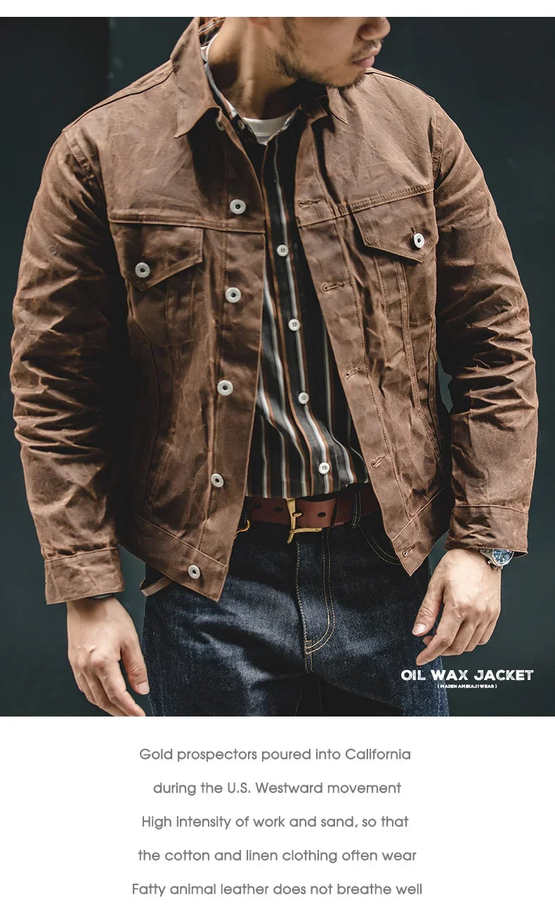 Maden Men's Retro Amekaji Style Oil-Waxed Canvas Jacket – Lightweight Military-Inspired Workwear Coat in Khaki Cotton for Casual and Safari Looks