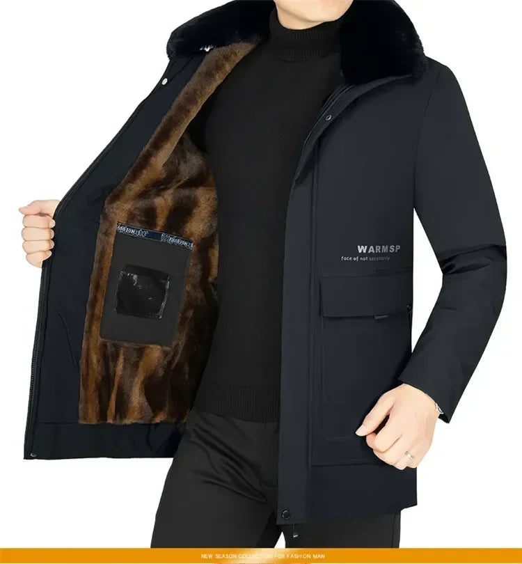 Men’s Solid Winter Parka with Fur Hood – Loose, Waterproof Fleece-Lined Vintage Streetwear Jacket