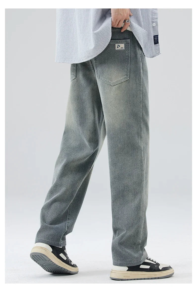 Vintage Men’s Baggy Jeans – Korean Style Starry Sky Fabric, Straight Fit Casual Denim Trousers, High Street Personalized Pants
