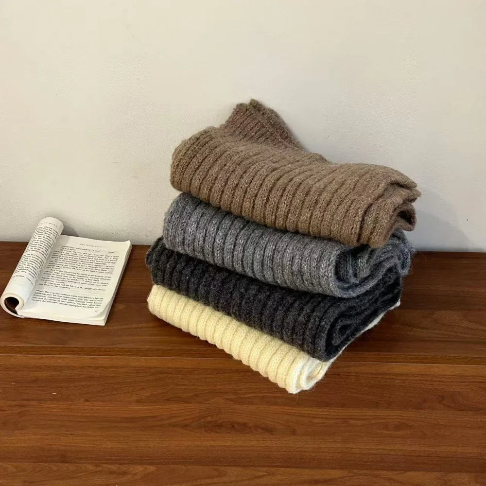 High-End Korean Style Thick Knit Scarf for Women – Warm Woolen Solid Color Winter & Autumn Wrap