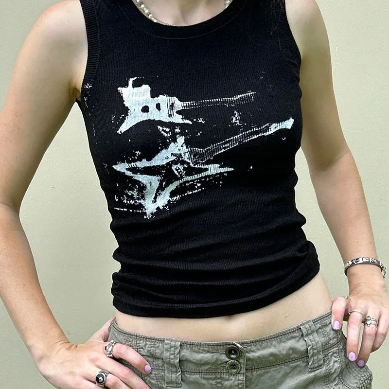 Y2K Ribbed Sleeveless Crop Tank Top for Women – Guitar Print Grunge Harajuku 90s Streetwear Casual Vest Tee