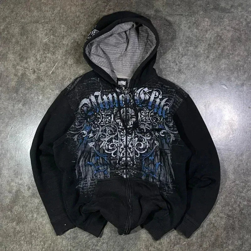 American Y2K-Inspired Oversized Padded Hoodie – Women's Streetwear Hip Hop Zip-Up Sweatshirt, Casual Punk Couple Style Outerwear