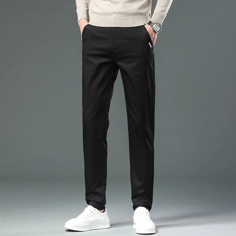 Men’s Classic Straight-Leg Cotton Trousers – 98% Cotton, Breathable Business Casual Pants with Elastic Comfort – Ideal for Spring & Summer