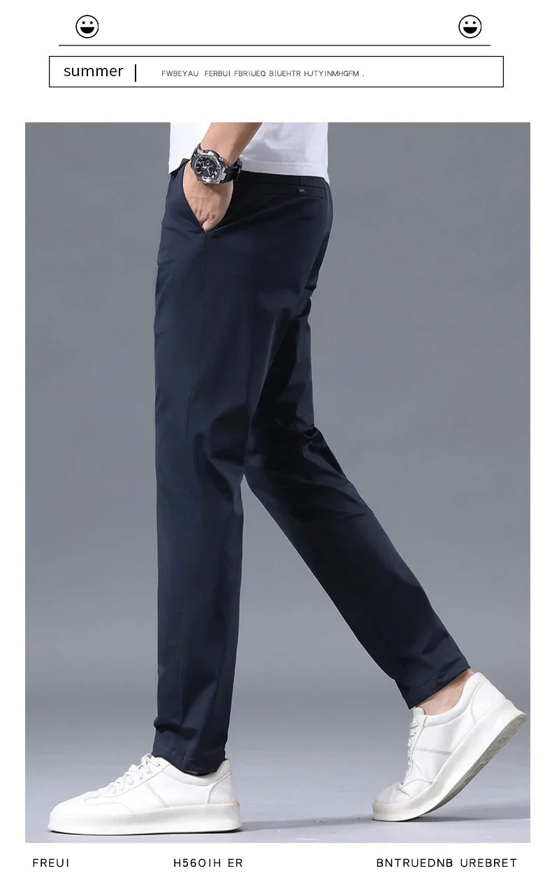 Men's Summer Lightweight Stretch Suit Pants – Slim Fit Korean Style Business Casual Trousers with Elastic Waist