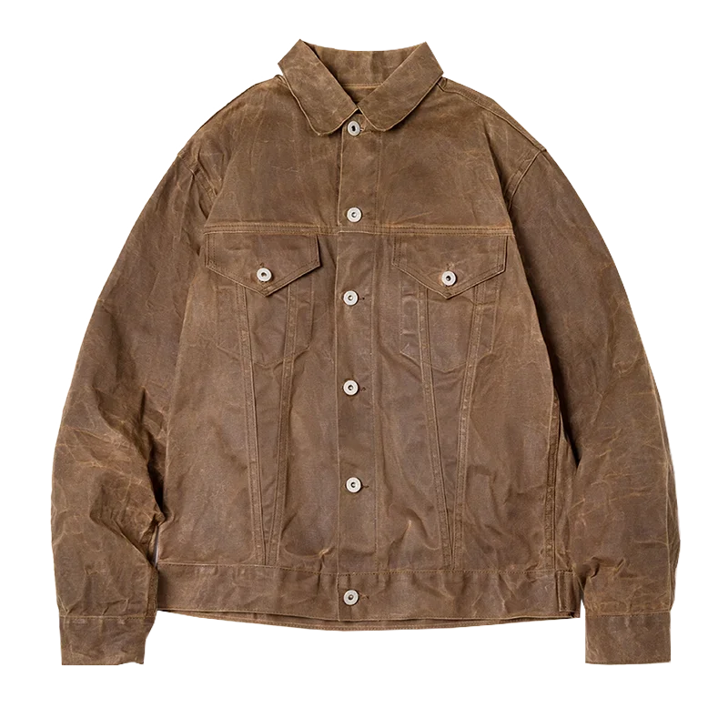 Maden Men's Retro Amekaji Style Oil-Waxed Canvas Jacket – Lightweight Military-Inspired Workwear Coat in Khaki Cotton for Casual and Safari Looks