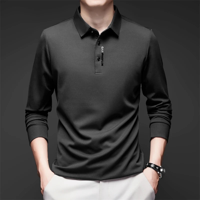 Men's Long Sleeve Polo Shirt – Solid Color, Business Casual, Stylish & Breathable Shirt with Badge Design