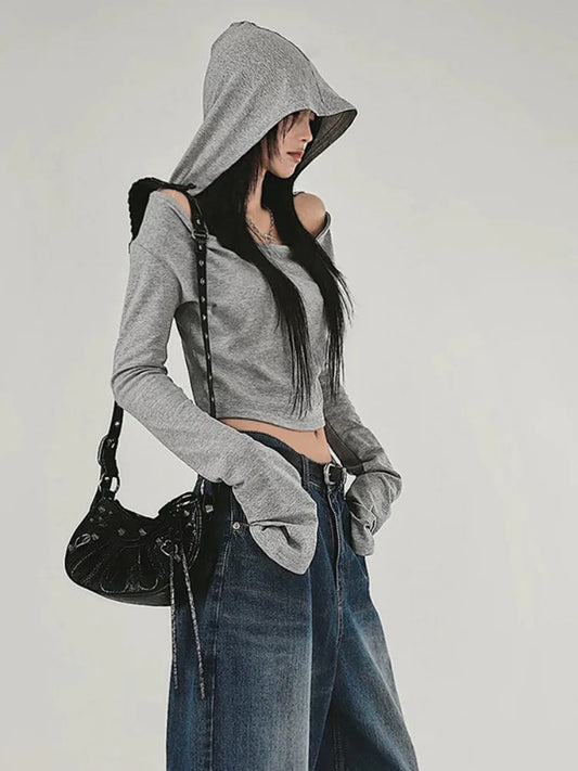 Y2K Aesthetic Women's Hooded Crop Top – Casual Streetwear Slim Fit Off-Shoulder Long Sleeve Tee with Grunge Style
