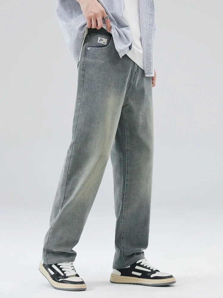 Vintage Men’s Baggy Jeans – Korean Style Starry Sky Fabric, Straight Fit Casual Denim Trousers, High Street Personalized Pants