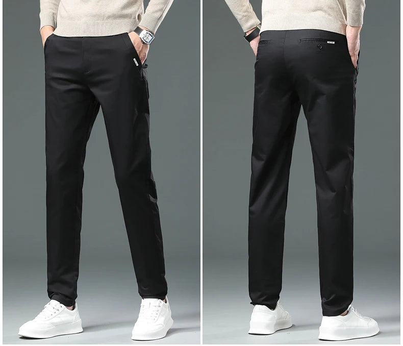 Men’s Classic Straight-Leg Cotton Trousers – 98% Cotton, Breathable Business Casual Pants with Elastic Comfort – Ideal for Spring & Summer