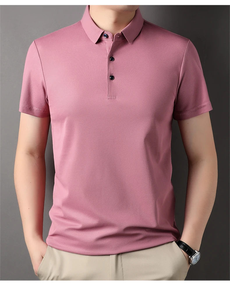 Luxury Summer Men’s Polo Shirt – Premium Plain Design with 4.7% Mulberry Silk, Short Sleeve, Lightweight Casual Fashion Top