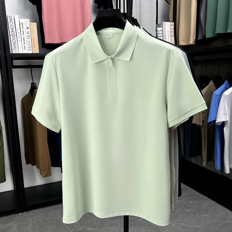 Men’s Slim Fit Half-Zip Polo Shirt – Light Beige Stretch Cotton Casual Top with Classic Collar