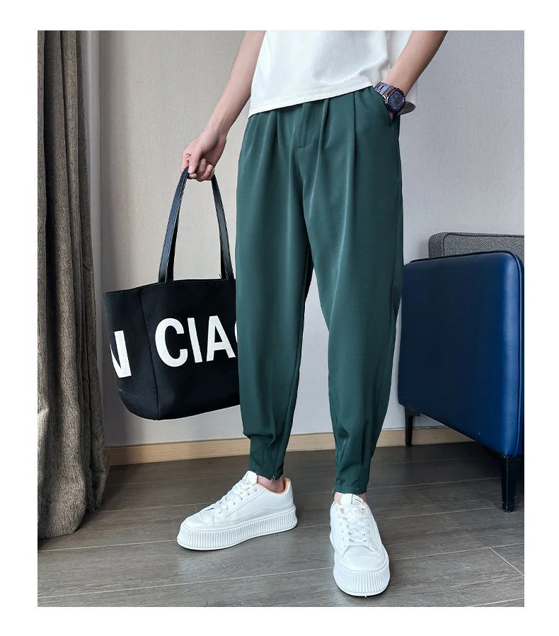 Men’s Spring & Summer Casual Solid Color Ice Silk Trousers — Korean Style Slim Ankle Pants with Zipper Detail, Smooth & Lightweight for a Handsome Look