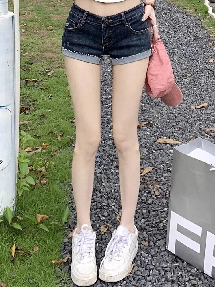 Women's Summer Deep Blue Denim Shorts – Low Waist, Slim Fit, Elastic Hot Pants, Sexy Korean-Style Hip-Hugging Jeans