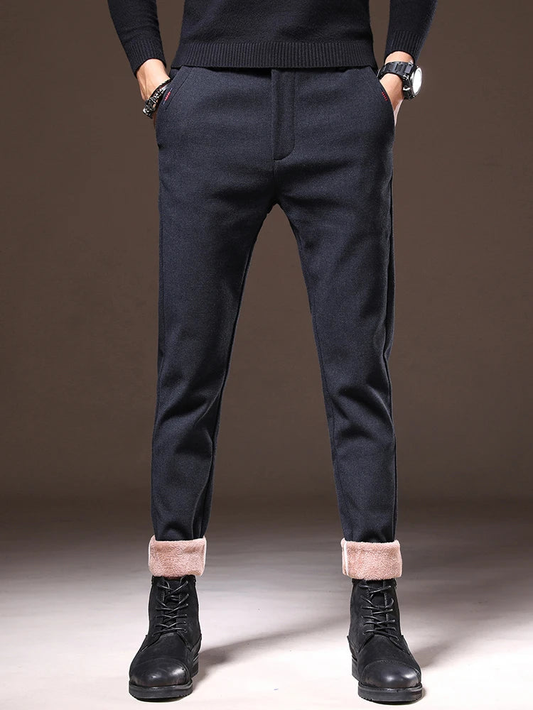 Men's Winter Fleece-Lined Slim Fit Pants – Thick Warm Straight-Leg Casual Business Trousers (Sizes 28-38)