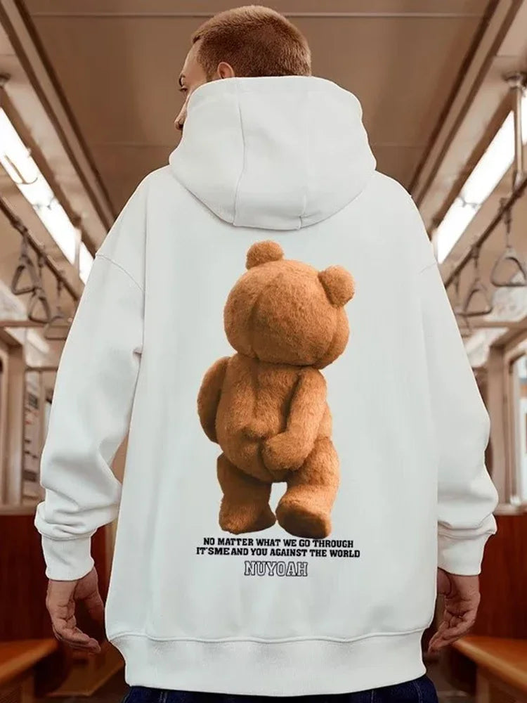 Men’s Autumn Kawaii Bear Graphic Pullover Hoodie – Hip Hop Streetwear with Pocket, Y2K Vintage Style