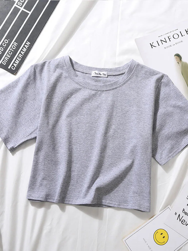 Women’s Summer Casual Cotton Short Sleeve Crop Top – Solid Color O-Neck Loose Fit T-ShirtT