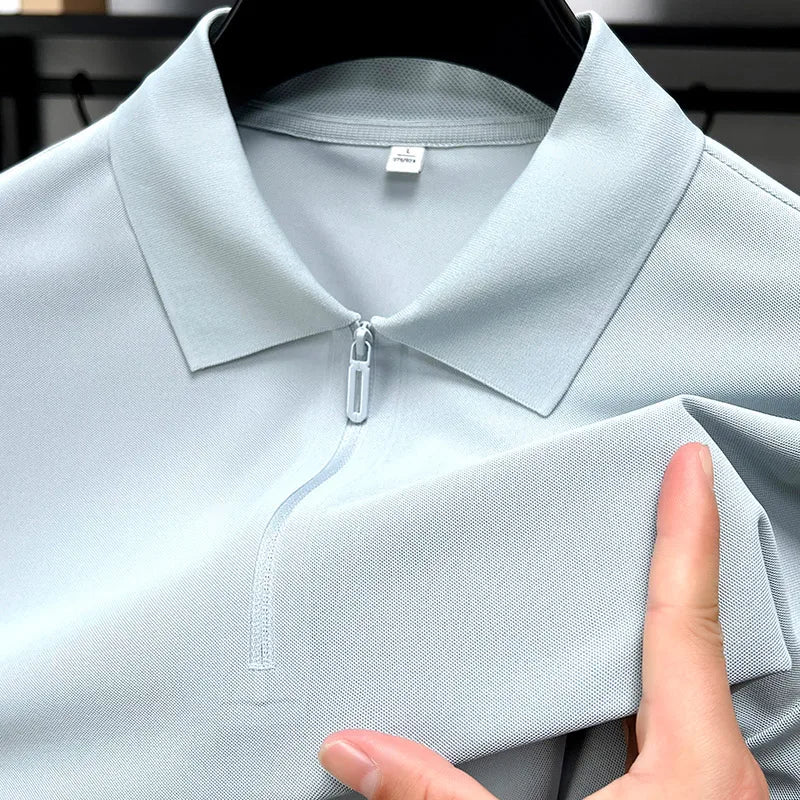 Men’s Slim Fit Half-Zip Polo Shirt – Light Beige Stretch Cotton Casual Top with Classic Collar