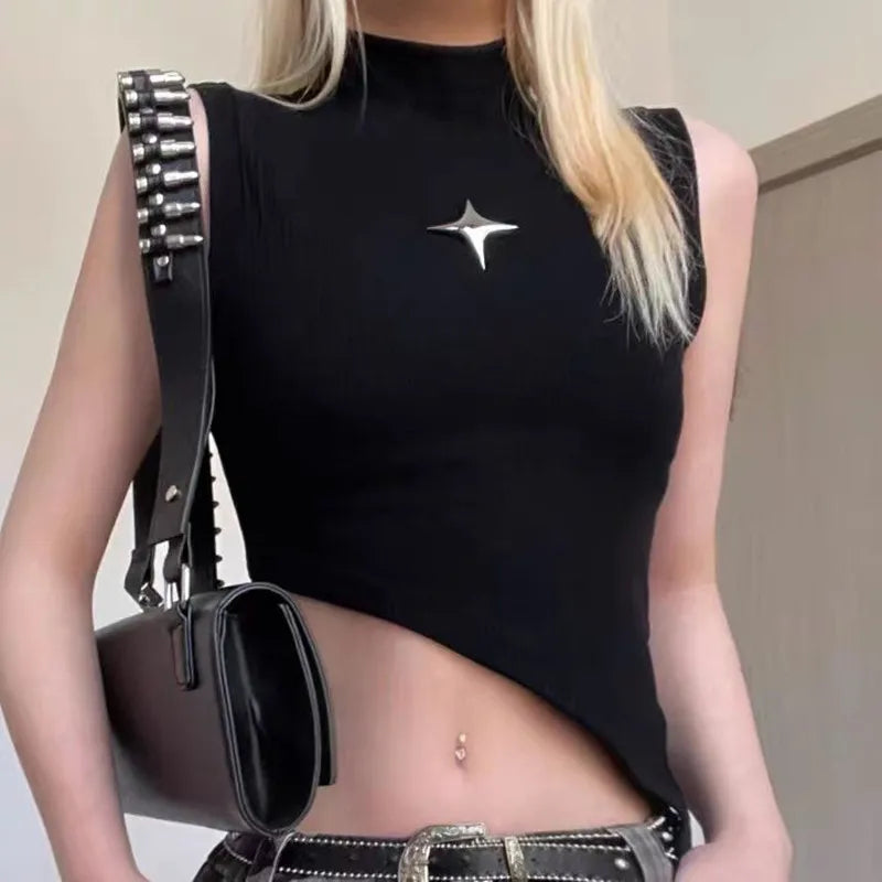 Y2K Style Women's Sleeveless Knit Crop Top – Stretchy Fitted Sweater Vest with High Neck and Asymmetrical Hem, 90s E-Girl Summer Fashion 