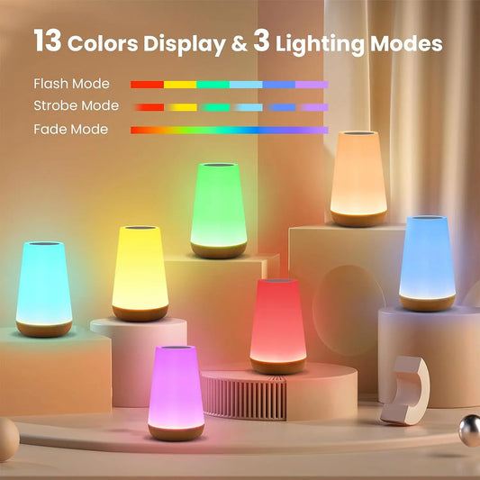 13-Color RGB Night Light – USB Rechargeable Touch & Remote Control Dimmable Bedside Lamp for Table or Portable Use
