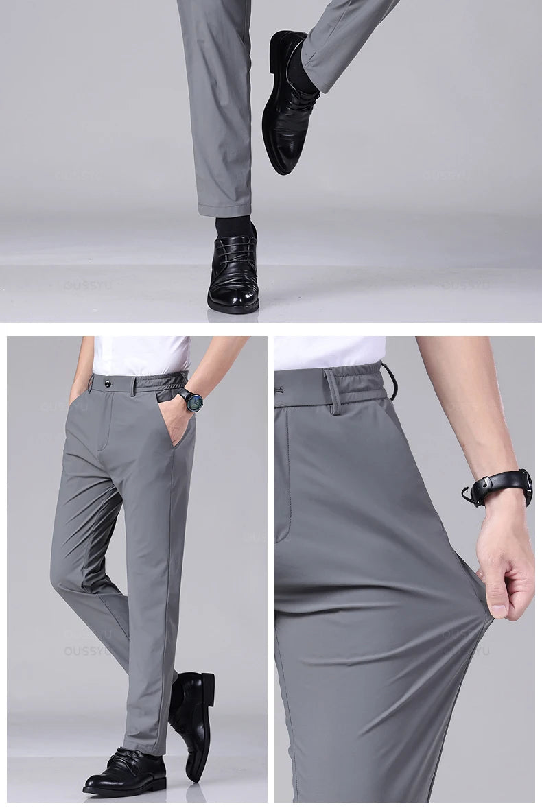 Men's Summer Classic Stretch Suit Trousers – Lightweight Business Casual Pants with Elastic Waist in Black, Gray, or Blue
