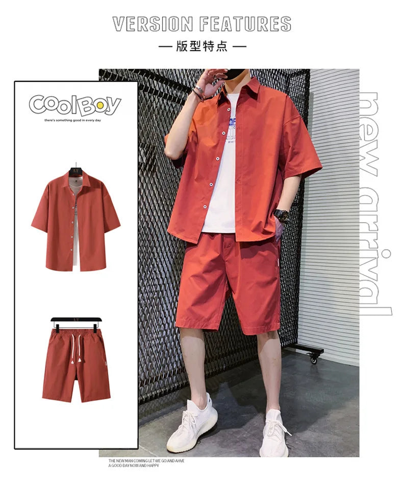 2025 Trendy Korean-Style Men's Summer Outfit – Casual Two-Piece Set Featuring Short Sleeve Shirt & Matching Shorts, Stylish High Street Look for Daily & Streetwear Fashion