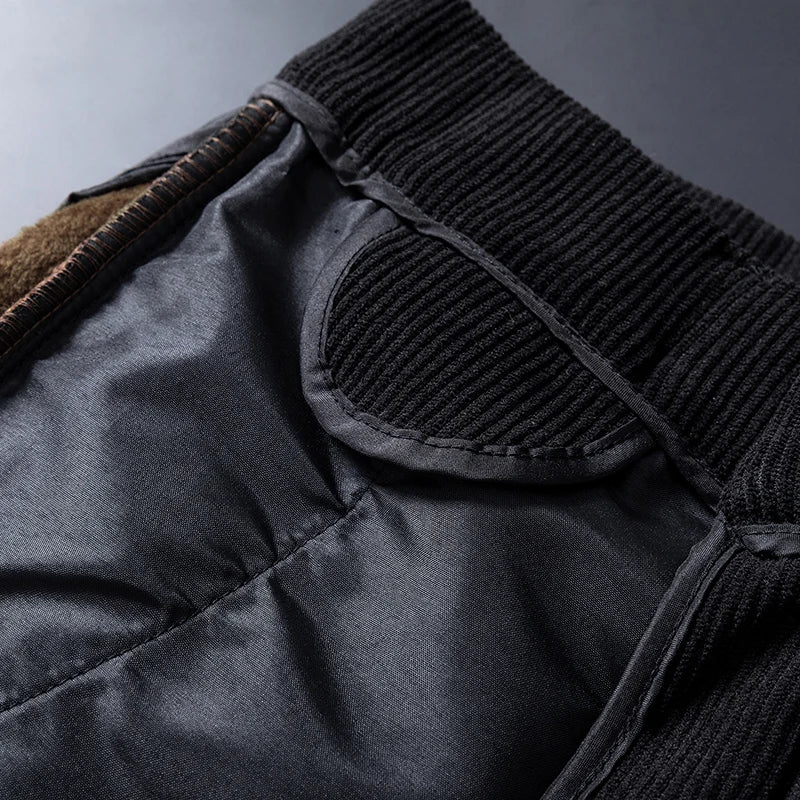 2024 New Men’s Winter Fleece-Lined Corduroy Pants – Slim Fit, Stretchy, Thickened Casual & Business Trousers in Gray & Khaki