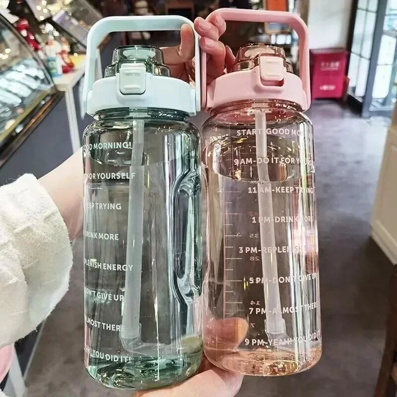 2L Large Capacity Sports Water Bottle with Straw – Time Marker Leakproof Plastic Cup for Fitness & Outdoor Use