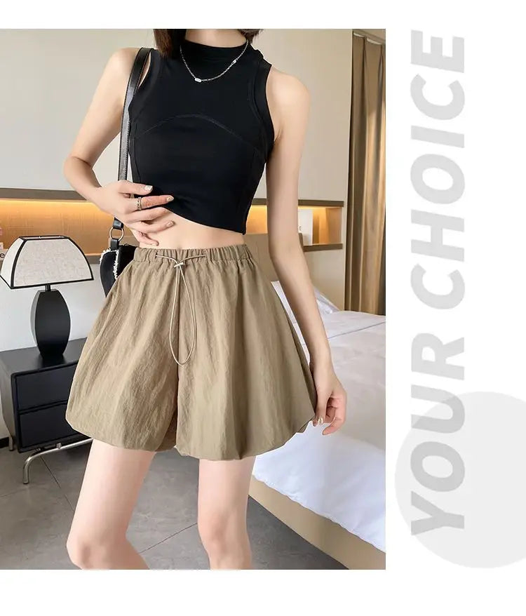 Women's High-Waist Lantern Shorts – Casual Summer Streetwear with Pockets, Relaxed Fit for Students, Youth, and Everyday Wear