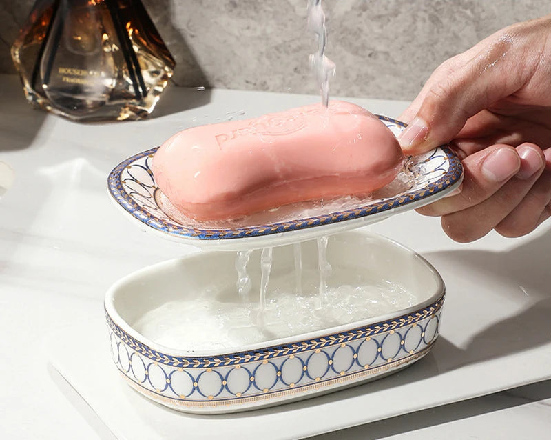 Luxury Ceramic Soap Dish with Irregular Stripes and Perforated Drainage – Household Bathroom Accessory with Washstand Gargle Cup