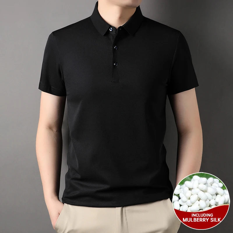 Premium Men's Polo Shirt – Luxury Summer Short Sleeve Casual Top Made with 4.7% Mulberry Silk – Plain Design, Elegant and Stylish 