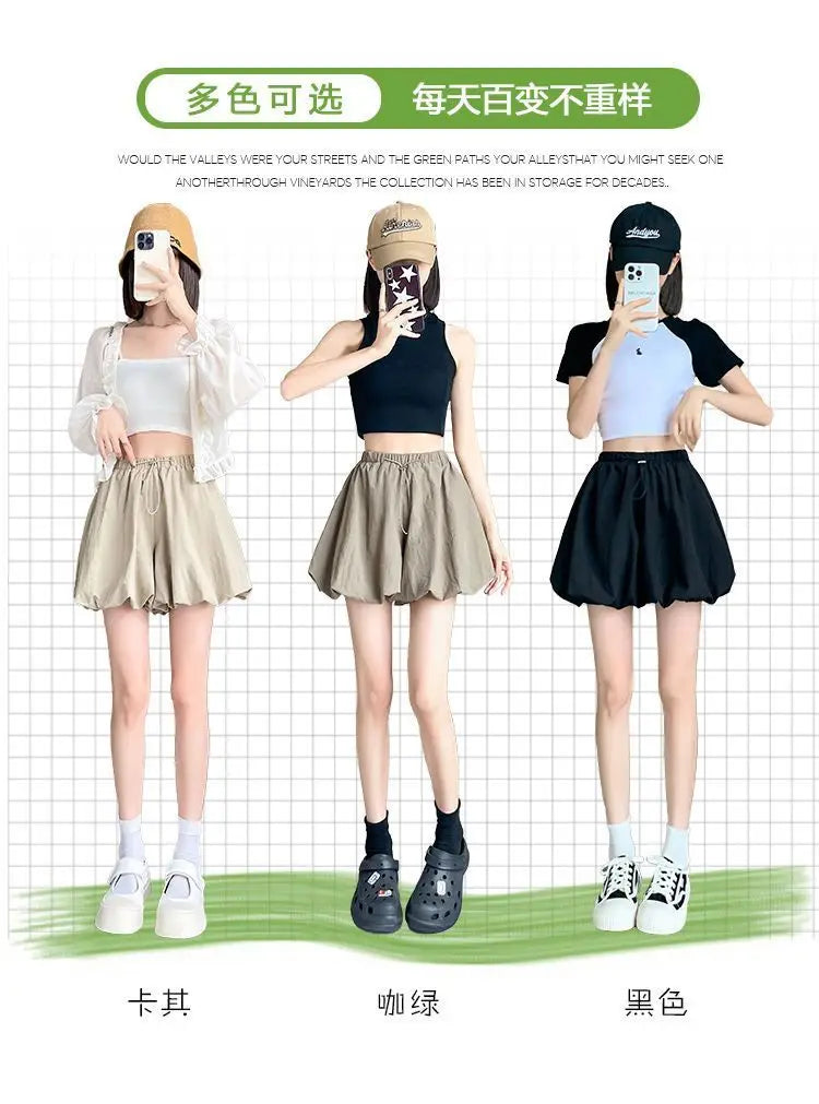Women's High-Waist Lantern Shorts – Casual Summer Streetwear with Pockets, Relaxed Fit for Students, Youth, and Everyday Wear