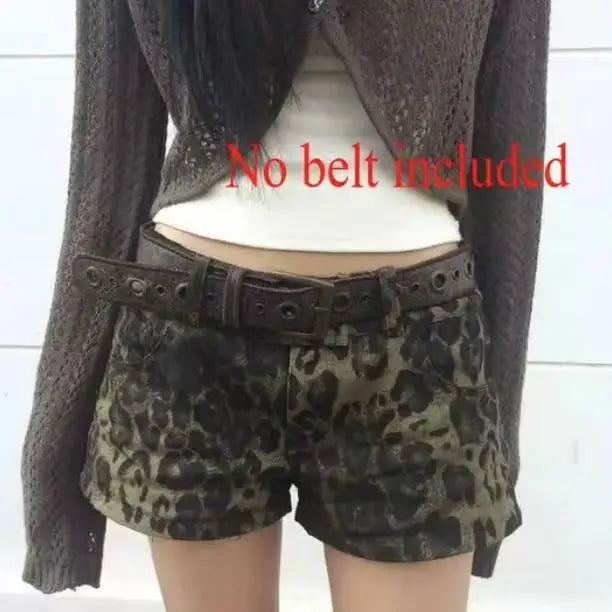 Women's Retro Leopard Print Denim Shorts – Washed Slim Fit Streetwear Y2K Style Summer 2025