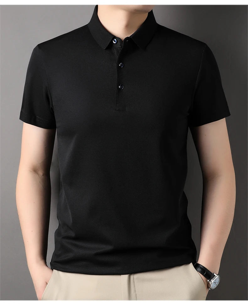 Luxury Summer Men’s Polo Shirt – Premium Plain Design with 4.7% Mulberry Silk, Short Sleeve, Lightweight Casual Fashion Top