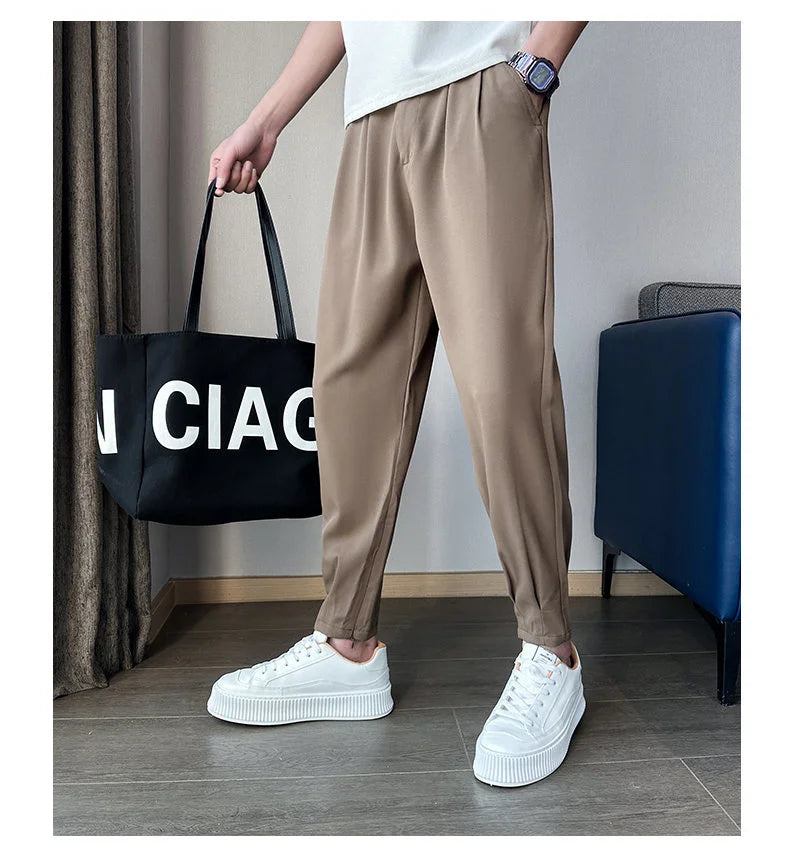 Men’s Spring & Summer Casual Solid Color Ice Silk Trousers — Korean Style Slim Ankle Pants with Zipper Detail, Smooth & Lightweight for a Handsome Look