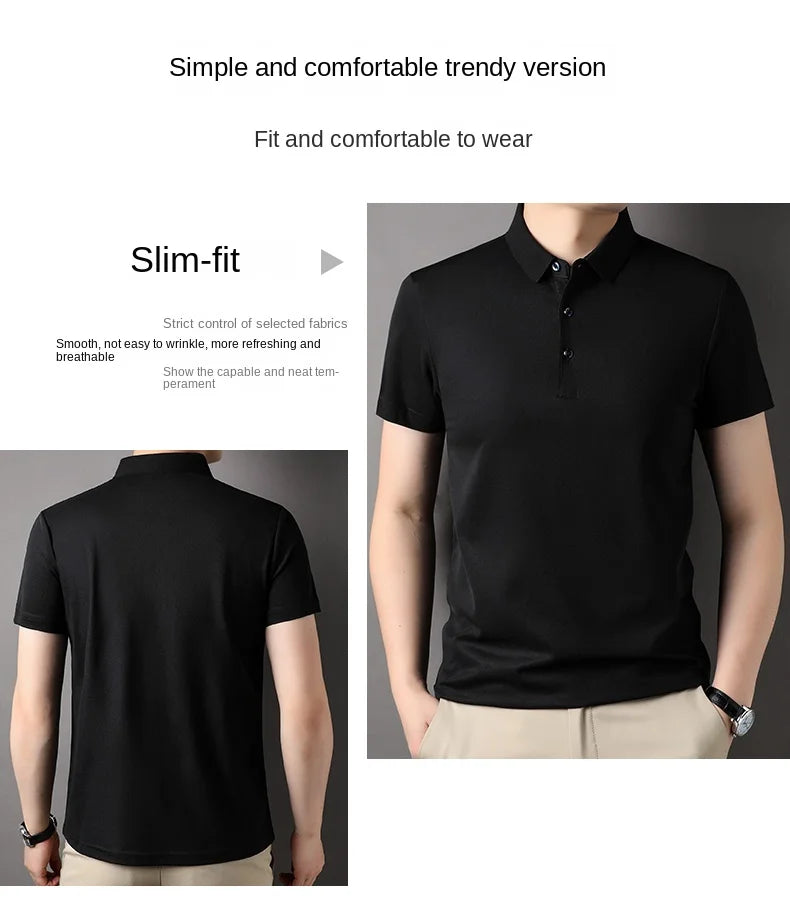 Premium Men's Polo Shirt – Luxury Summer Short Sleeve Casual Top Made with 4.7% Mulberry Silk – Plain Design, Elegant and Stylish 