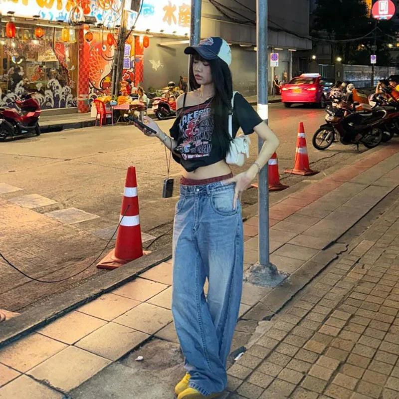 Y2K Off-Shoulder Gothic Crop Tee – Women's Letter Print Punk Streetwear Top, Grunge Aesthetic Harajuku Summer T-Shirt