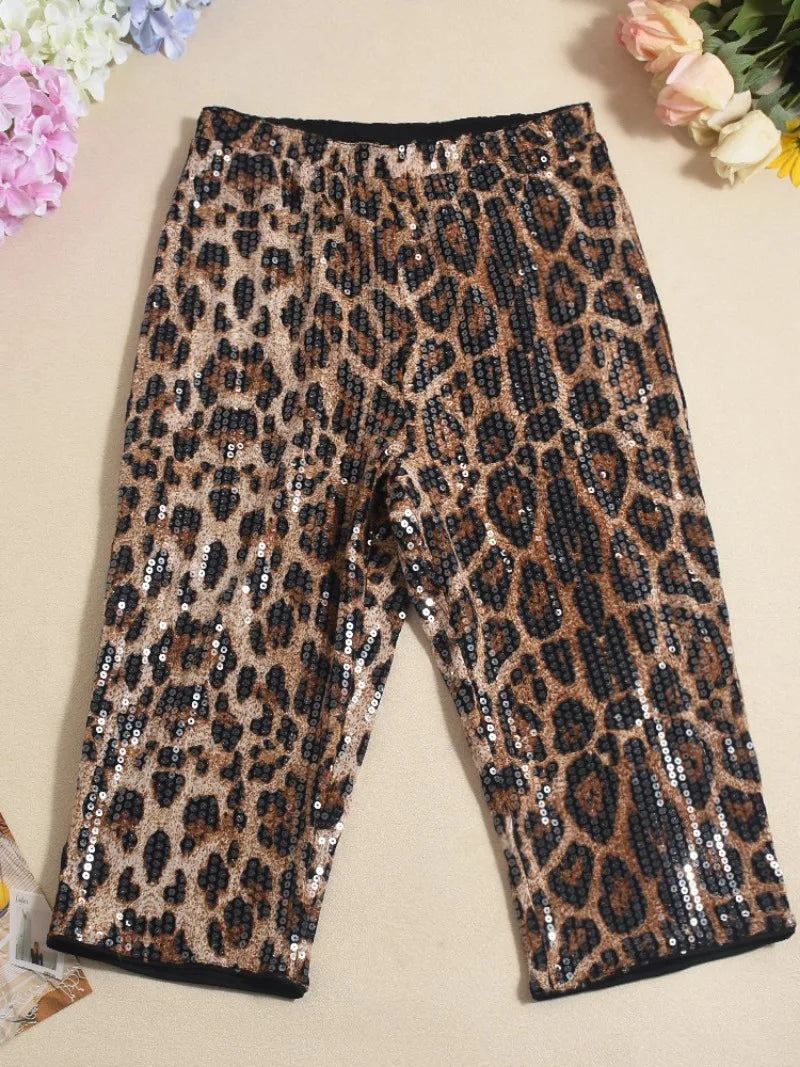Women's Leopard Print Sequin Shorts – Sexy Knee-Length Clubwear, Slim Fit Party Pants for Evening & Street Style 