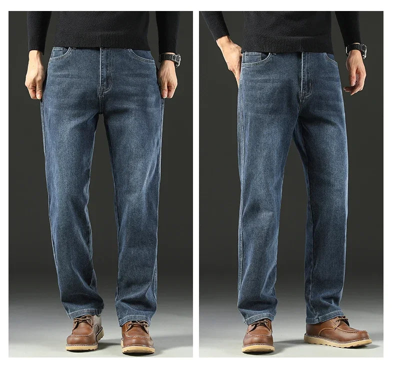 2025 Spring Men's High-Waist Spliced Washed Denim Jeans – Loose Straight Fit Stretch Cotton Blend Casual Brand Trousers 