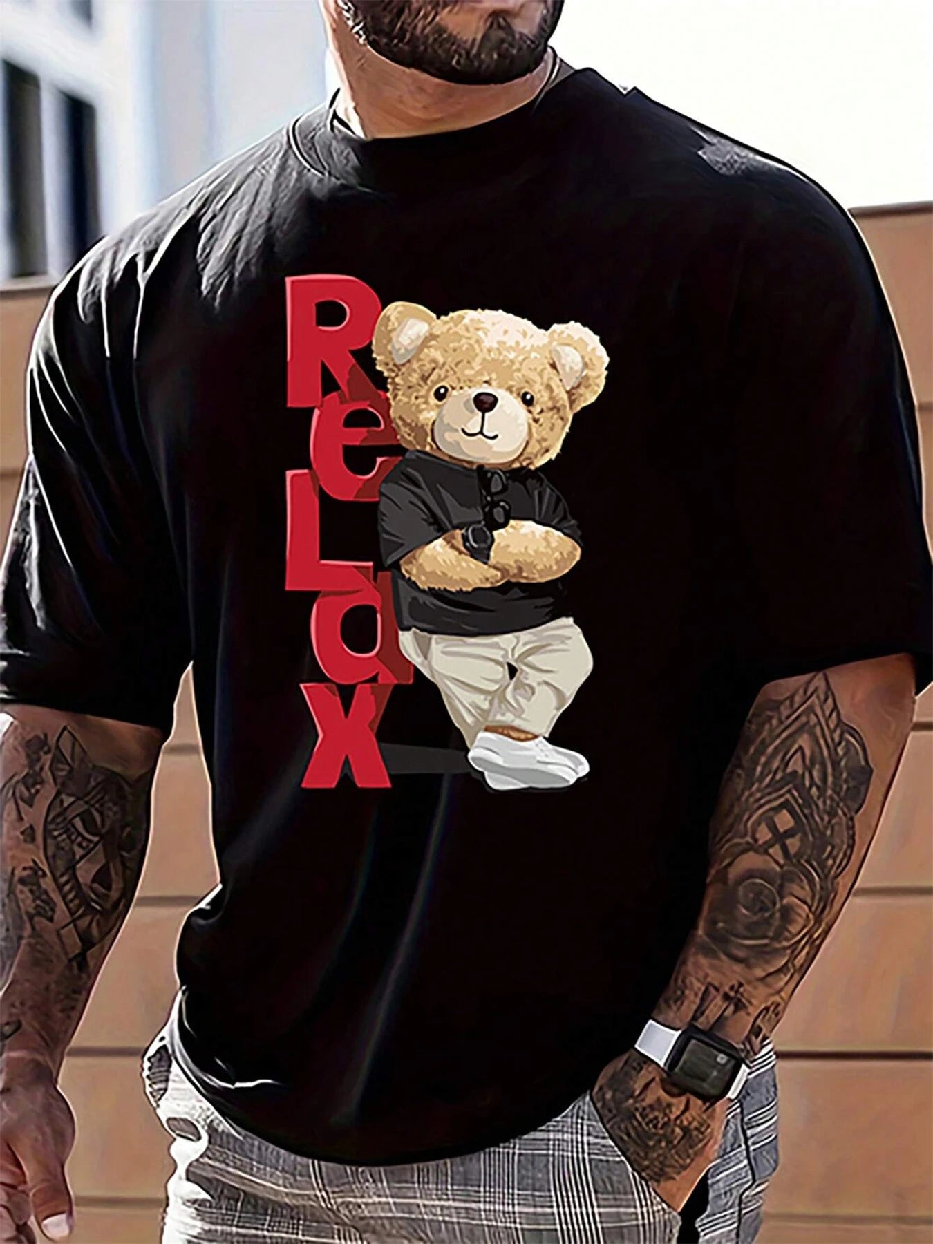 Men’s Summer Casual Loose Fit T-Shirt with Bear Letter Print, 100% Cotton, Round Neck, Short Sleeve, Plus Size Sports Tee