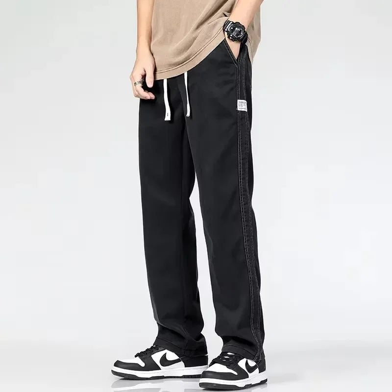 2025 Summer Men's Lightweight Lyocell Jeans – Loose Fit, Straight-Leg Casual Pants with Elastic Waist and Drawstring, Korean Style 