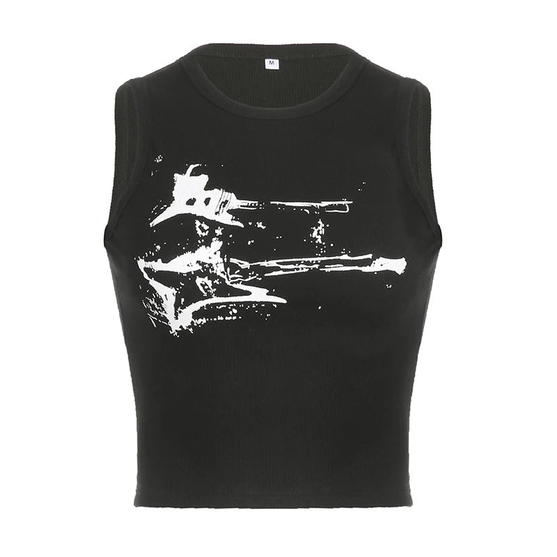Y2K Ribbed Sleeveless Crop Tank Top for Women – Guitar Print Grunge Harajuku 90s Streetwear Casual Vest Tee
