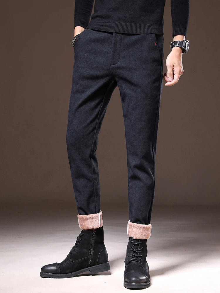 Men's Winter Fleece-Lined Slim Fit Pants – Thick Warm Straight-Leg Casual Business Trousers (Sizes 28-38)