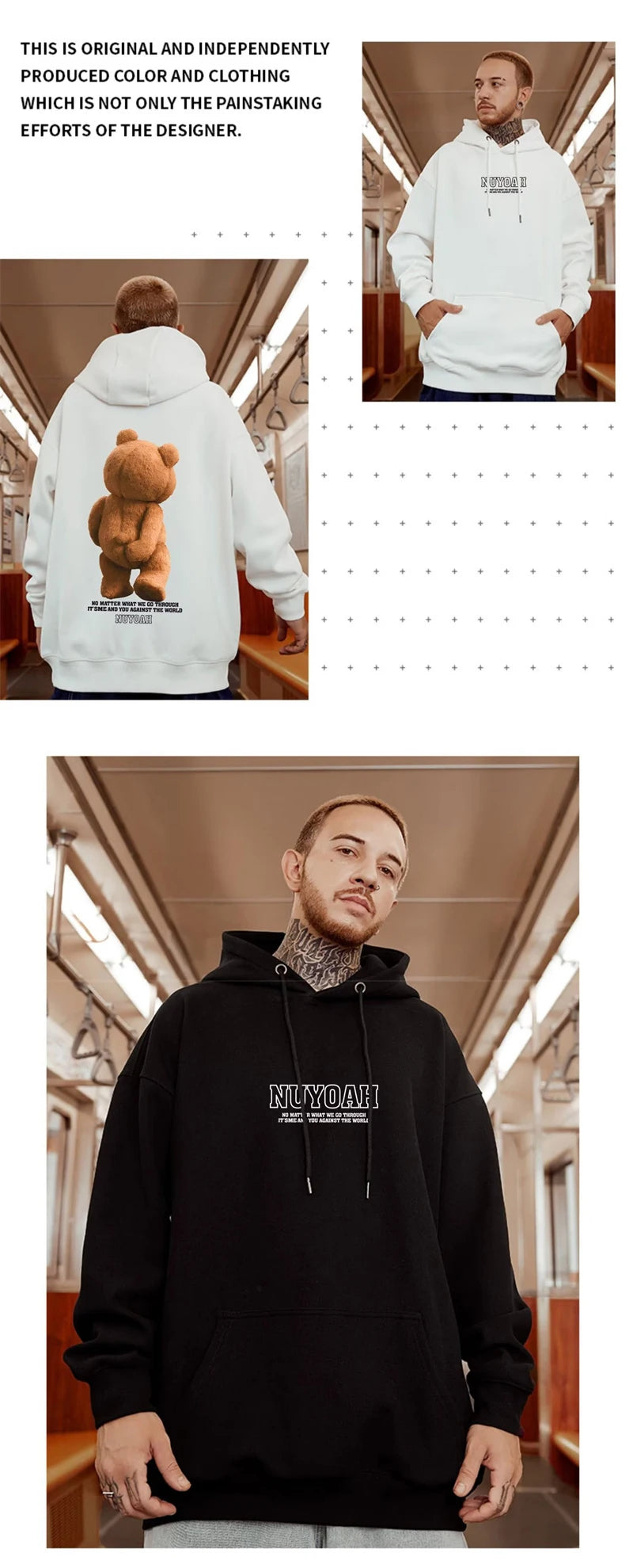 Men’s Autumn Kawaii Bear Graphic Pullover Hoodie – Hip Hop Streetwear with Pocket, Y2K Vintage Style