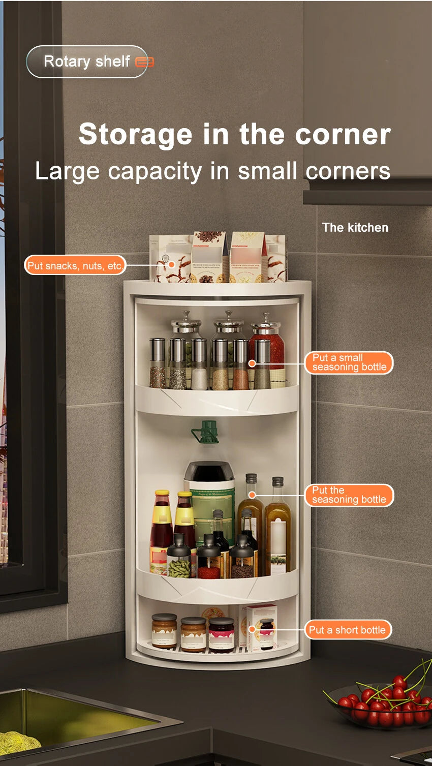 Adjustable Rotating Kitchen Shelf – Multi-Layer Spice Rack & Bottle Organizer for Corner Storage