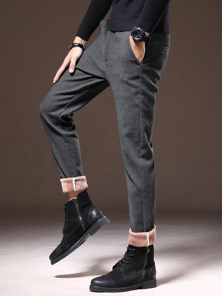 Men's Winter Fleece-Lined Slim Fit Pants – Thick Warm Straight-Leg Casual Business Trousers (Sizes 28-38)