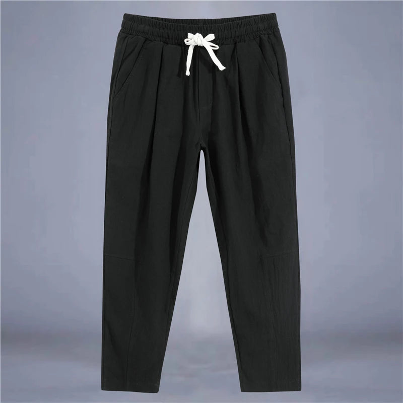 Men's Casual Cotton-Linen Pants – Breathable Loose-Fit Straight-Leg Drawstring Trousers in Solid Colors, Stylish Summer Streetwear