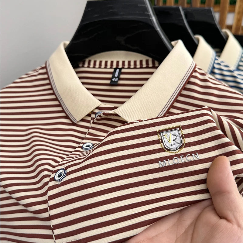 Premium Cotton Men's Summer Polo Shirt – 2024 Soft Short Sleeve Tee with Stripe Accents & Brand Badge Design