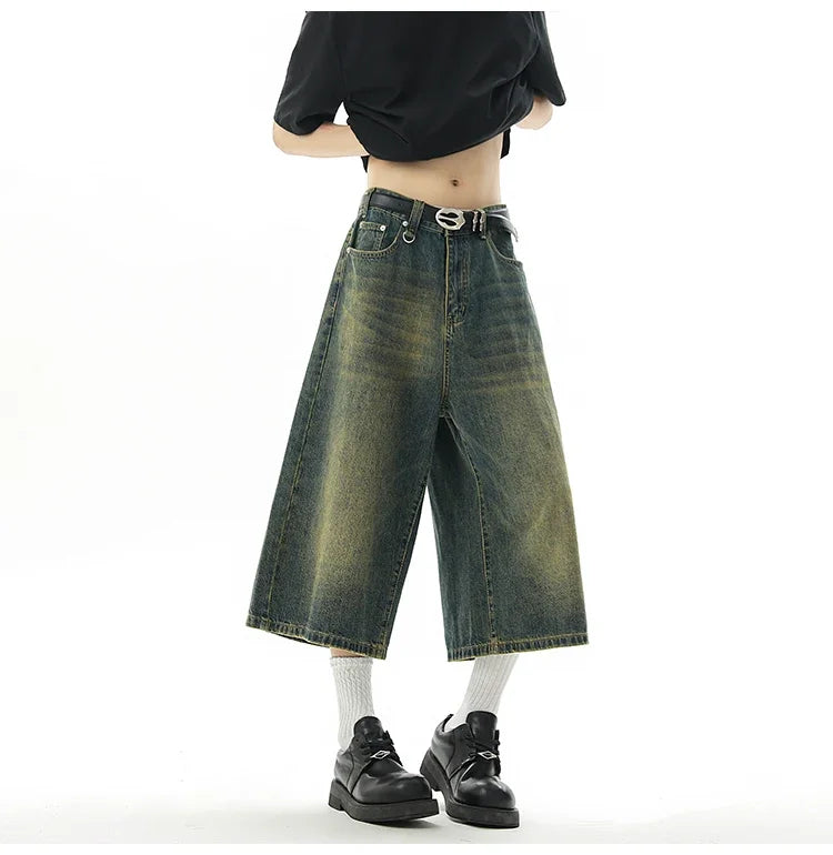 Men's Baggy Denim Shorts – Retro Y2K Casual Wide-Leg Calf-Length Jeans for Summer Streetwear