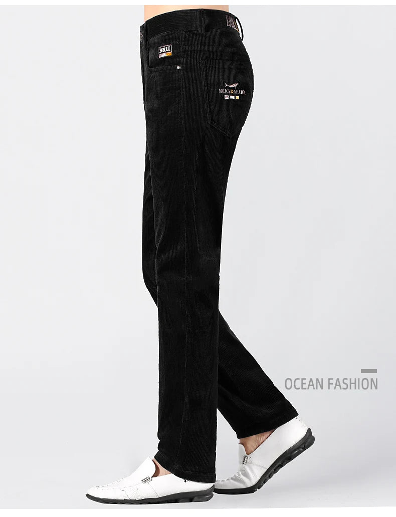 Men’s New Winter Stretch Corduroy Pants by Bruce & Shark – Thickened Cotton Casual Trousers, Loose Fit, Mid-Rise, Fashionable, Available up to Size 40