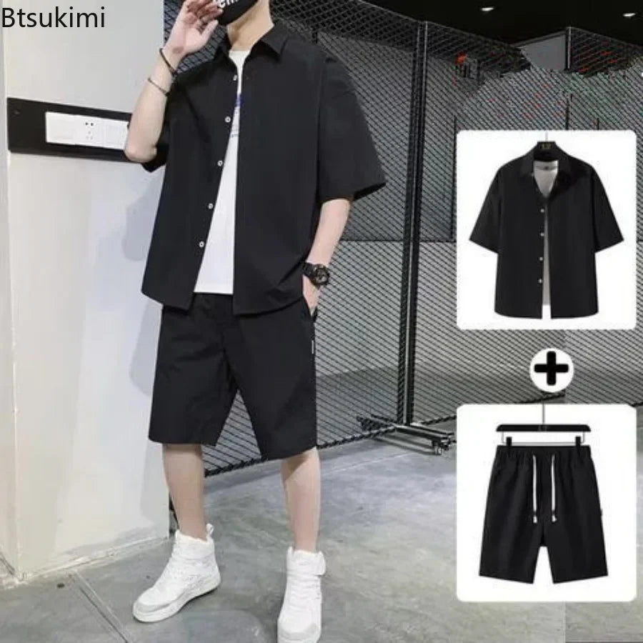 2025 Trendy Korean-Style Men's Summer Outfit – Casual Two-Piece Set Featuring Short Sleeve Shirt & Matching Shorts, Stylish High Street Look for Daily & Streetwear Fashion